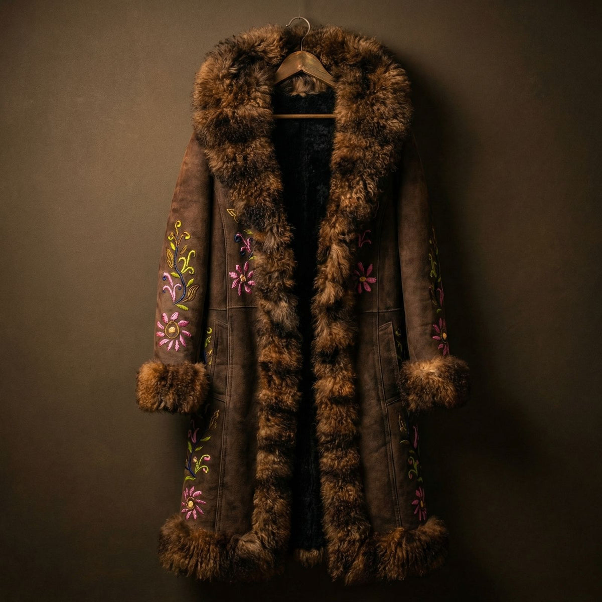 A brown suede and fur coat with colorful floral embroidery on the sleeves, hanging on a wooden hanger against a dark brown background.