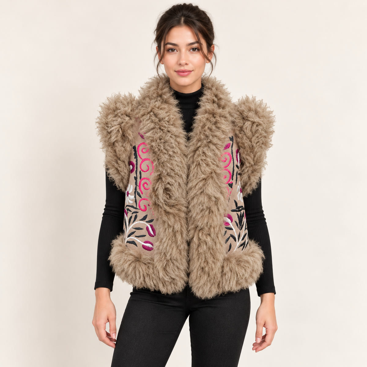 The Yasmin Hand-Embroidered Shearling Vest