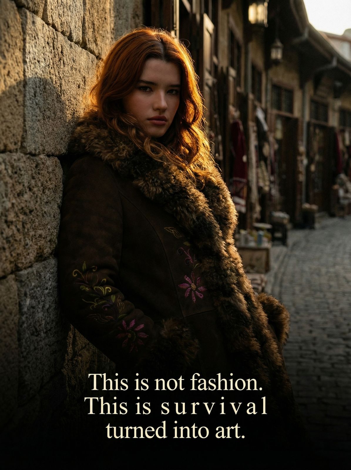 A woman with red hair leans against a stone wall in a narrow cobblestone street at golden hour, wearing a dark brown fur-trimmed coat with floral embroidery. Text at the bottom reads, 'This is not fashion.