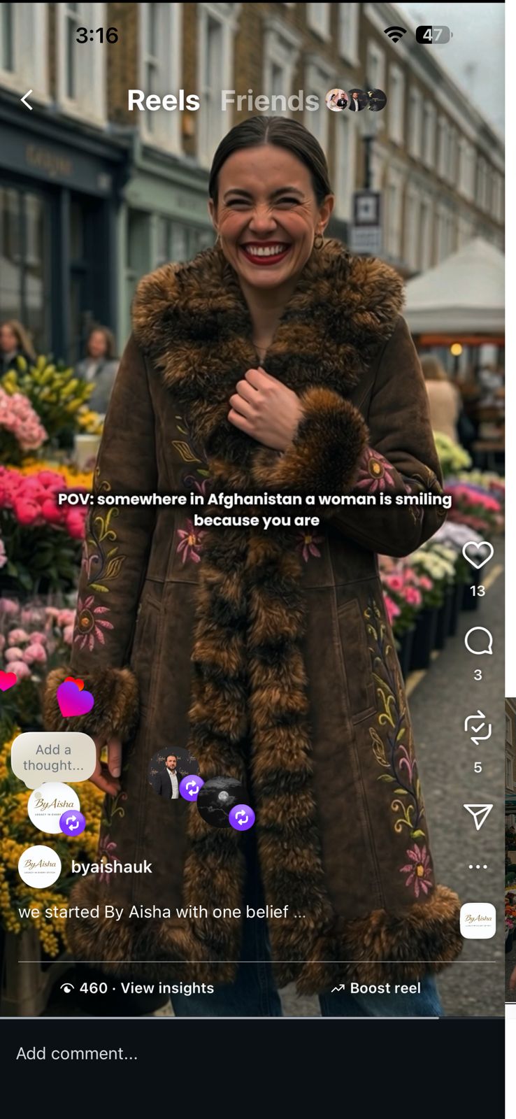 A woman smiling while wearing a brown fur-trimmed coat in an outdoor street setting, shown within a social media reel interface.