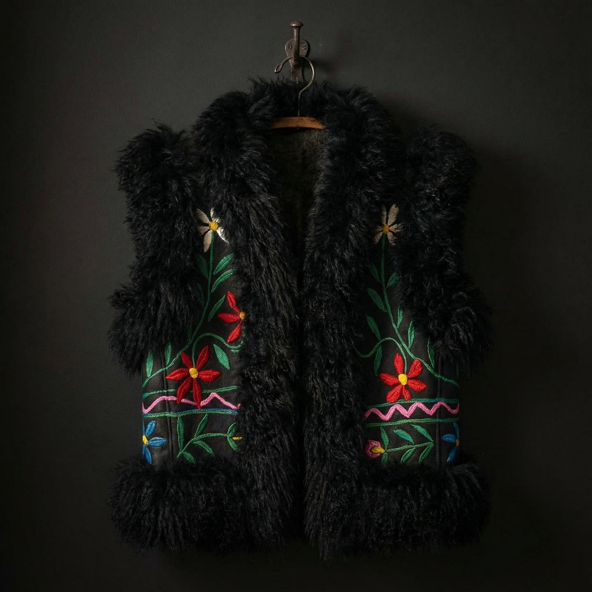 Black fur vest with colorful floral embroidery on a dark background