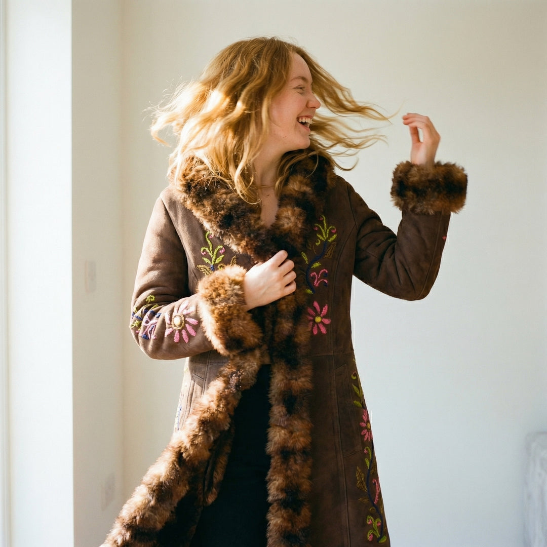 Rania Suede Sovereign Coat – Full-Length Sheepskin Fur Trim