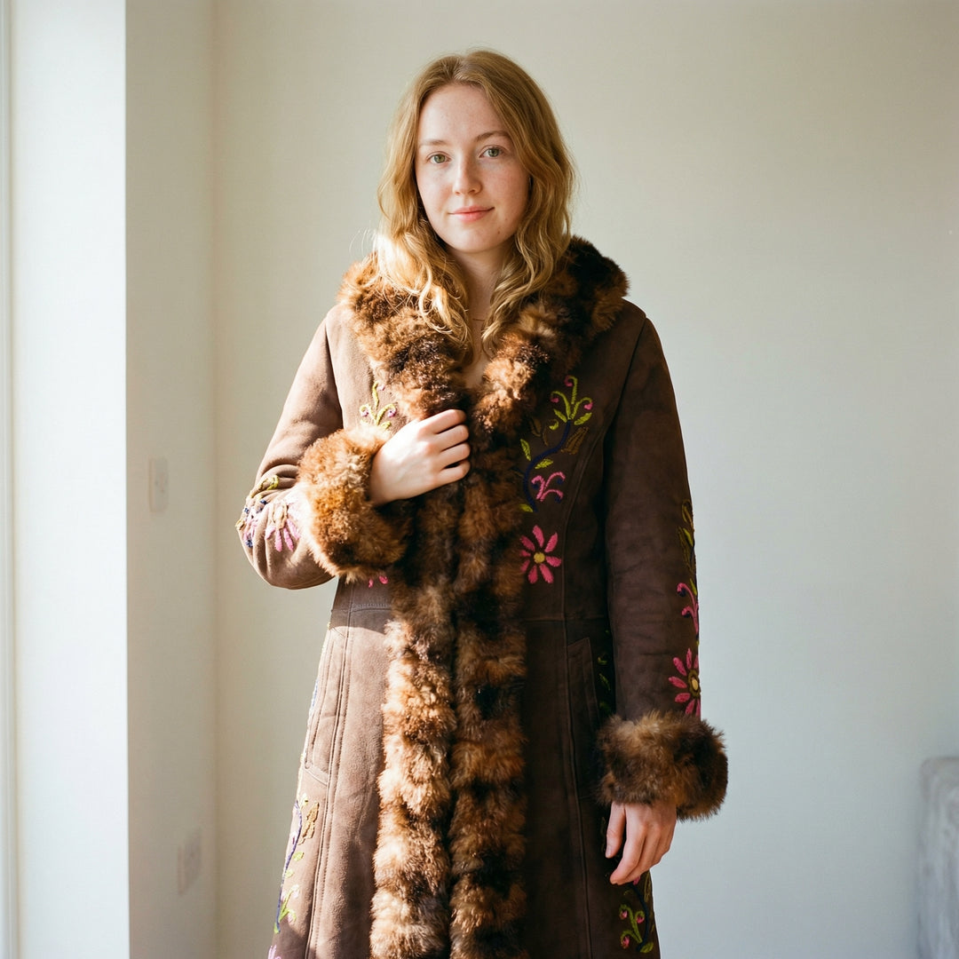 Rania Suede Sovereign Coat – Full-Length Sheepskin Fur Trim