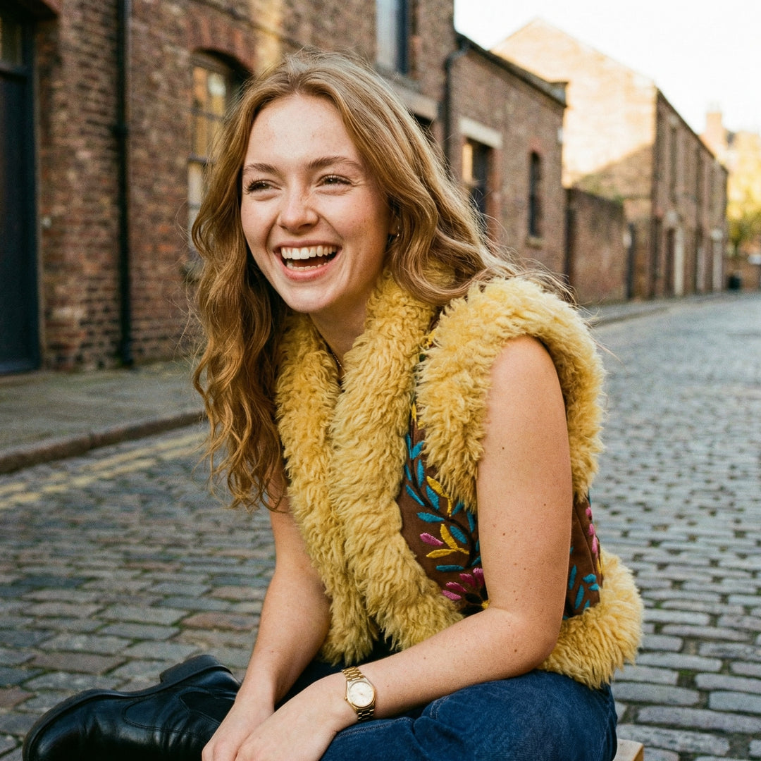 Afsaneh Heritage Gilet – Golden Amber Fur Trim