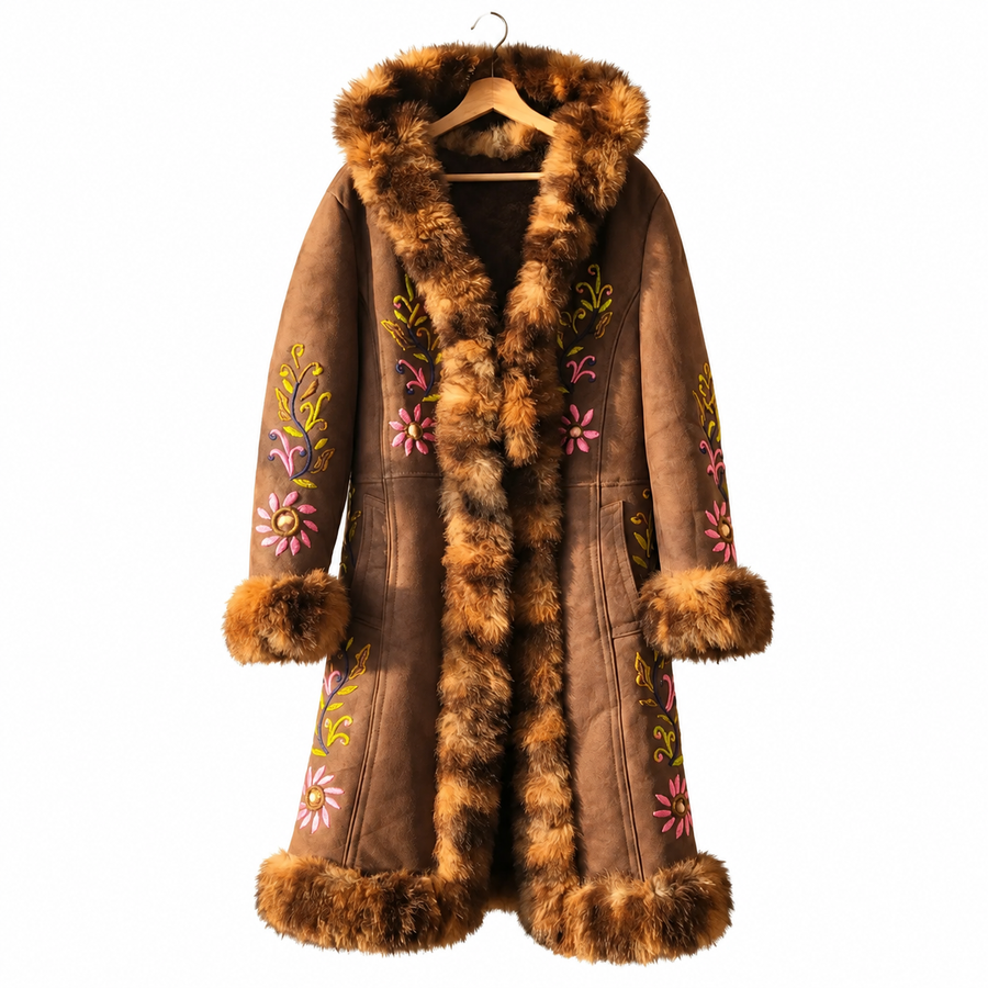 Rania Suede Sovereign Coat – Full-Length Sheepskin Trim