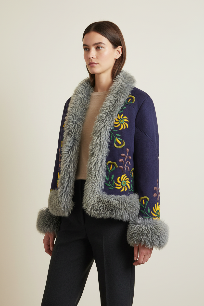 A model wearing a navy blue suede jacket with gray fur trim and colorful floral embroidery on the front panels, styled with a beige top and black trousers against a light beige background.