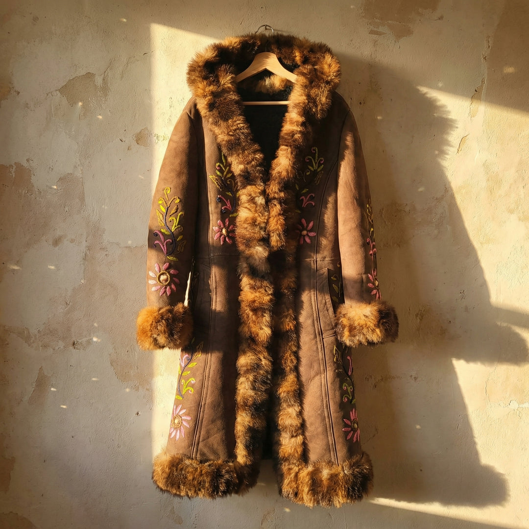 Rania Suede Sovereign Coat – Full-Length Sheepskin Fur Trim
