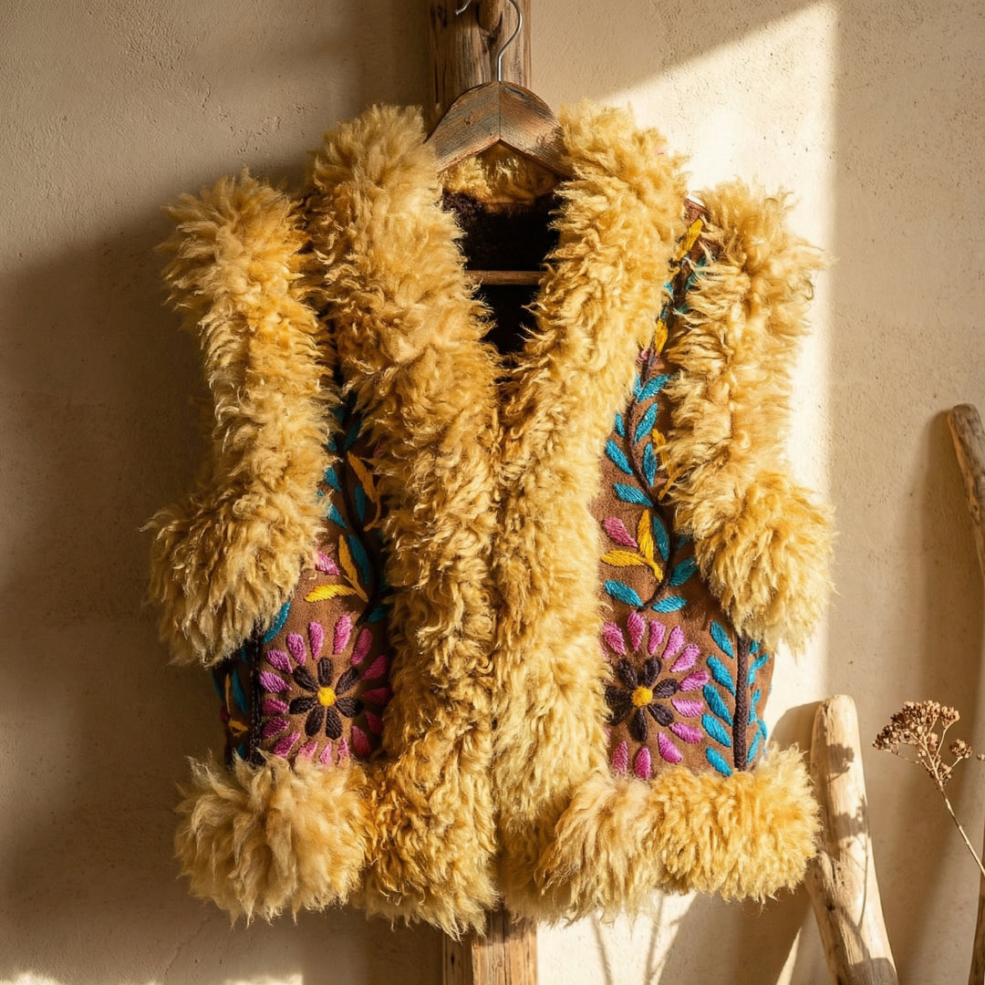 Afsaneh Heritage Gilet – Golden Amber Fur Trim