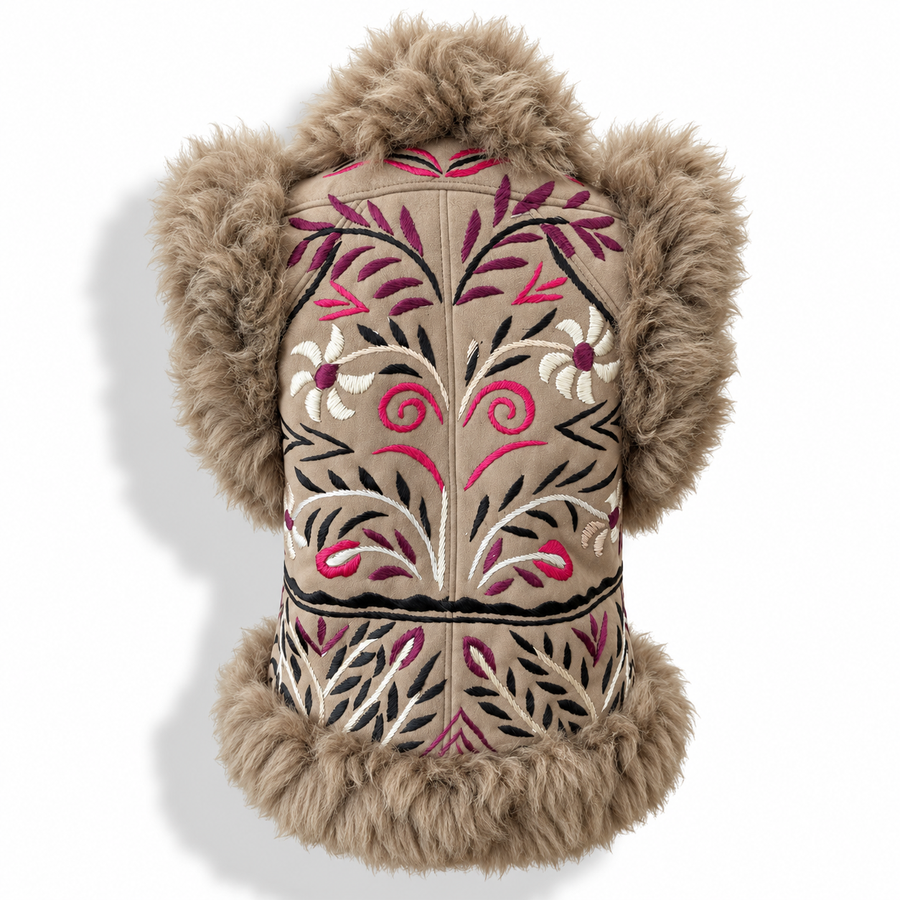 Back view of a tan shearling vest with a fluffy fur trim and hood, featuring intricate botanical embroidery in pink, white, and black down the front.