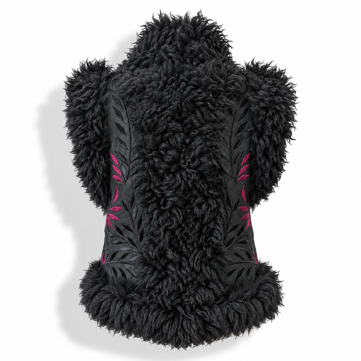 Back view of a black shaggy faux-fur vest with pink embroidered leaf patterns on the sides, displayed on a mannequin torso against a white background.