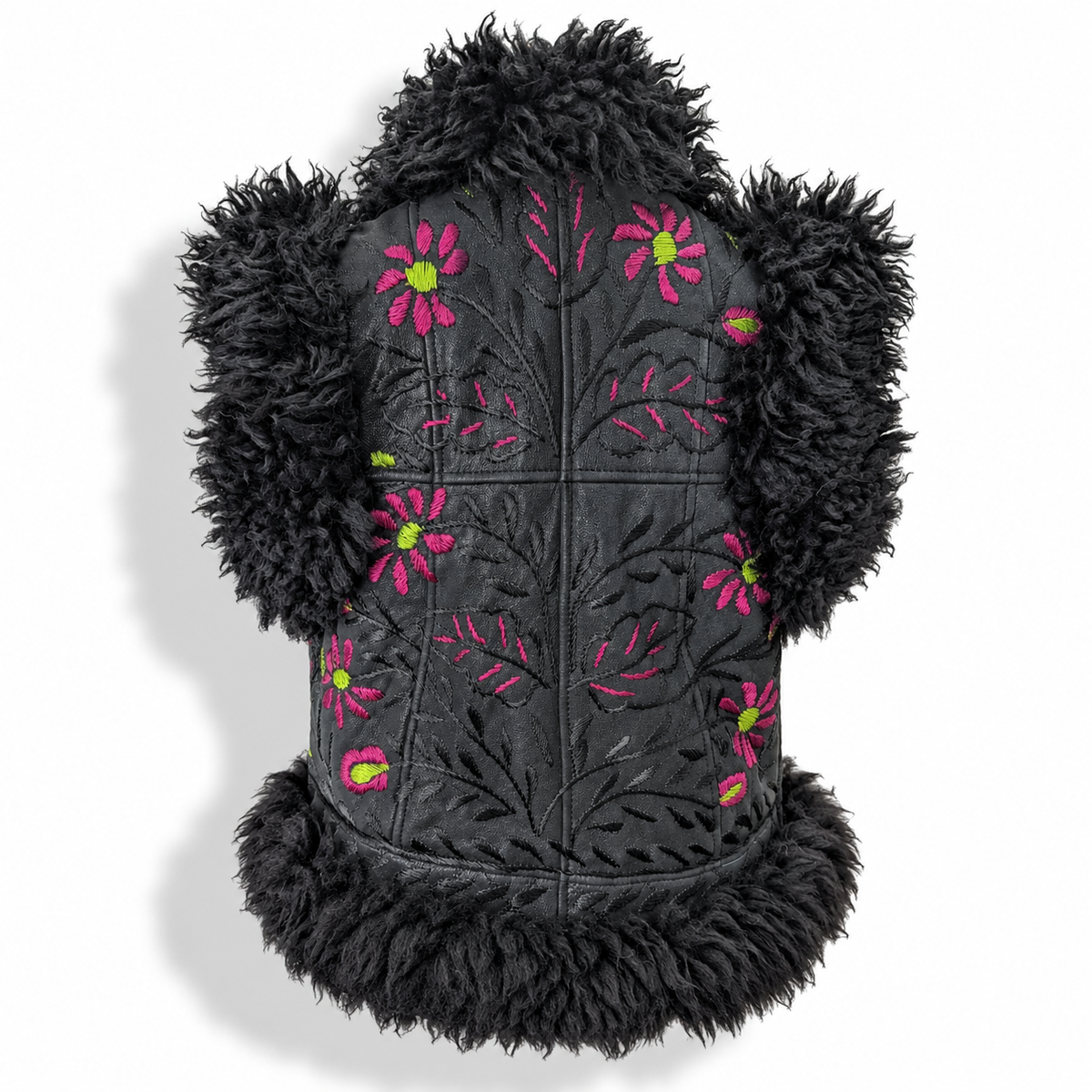 Back view of a black shaggy faux-fur vest with a black quilted center panel featuring pink and green embroidered flowers, displayed on a mannequin torso against a white background.