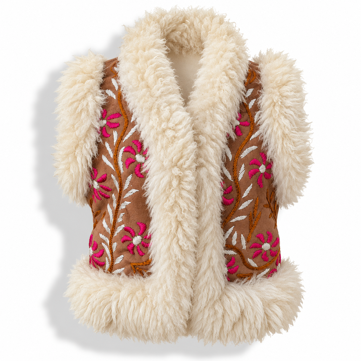 A brown faux-shearling vest with thick cream-colored faux fur trim and pink floral embroidery on the front panels, shown against a plain white background.