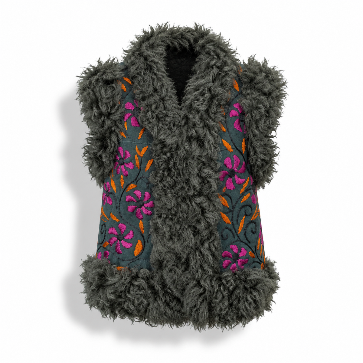 A sleeveless dark gray shaggy faux-fur vest with embroidered floral panels on the front. The embroidery features bright pink flowers, orange leaves, and dark green stems on a muted teal-gray background.