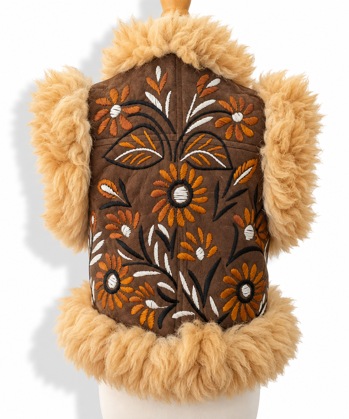 A brown quilted vest with tan faux fur trim and orange, white, and black floral embroidery, displayed on a white mannequin torso against a white background.