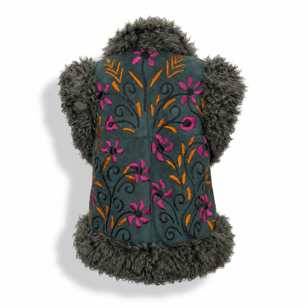 A sleeveless dark teal vest with dark gray curly faux fur trim at the collar, cuffs, and hem, featuring vibrant pink, orange, and black floral embroidery on the front, shown against a white background.