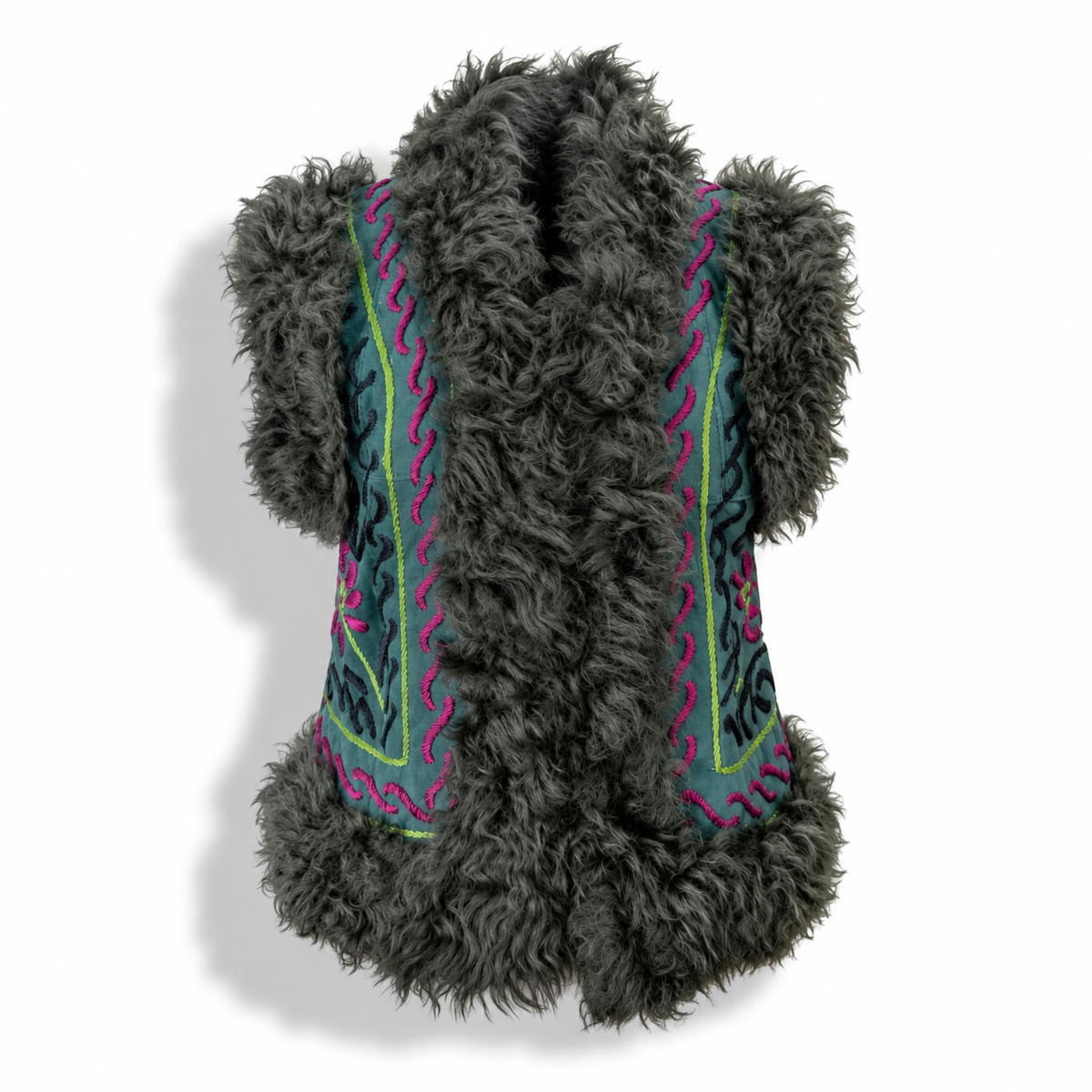 A dark gray curly faux fur vest with colorful embroidered details on the front panels, shown against a plain white background.