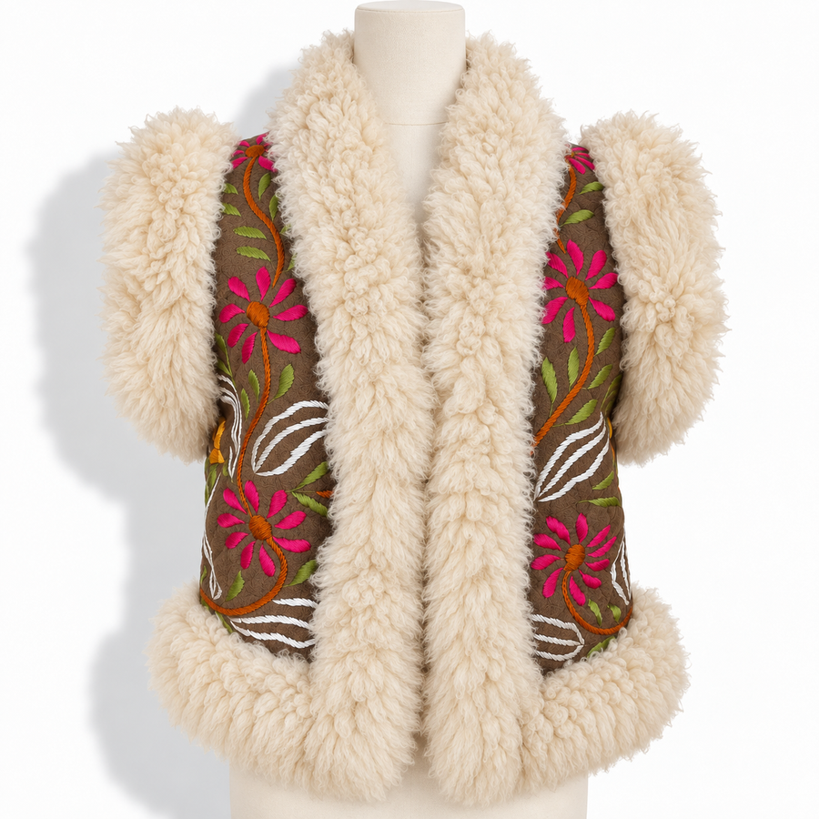 A sleeveless shearling vest with a thick cream-colored fluffy trim and embroidered floral panels on a brown background, displayed on a cream mannequin torso against a white background.