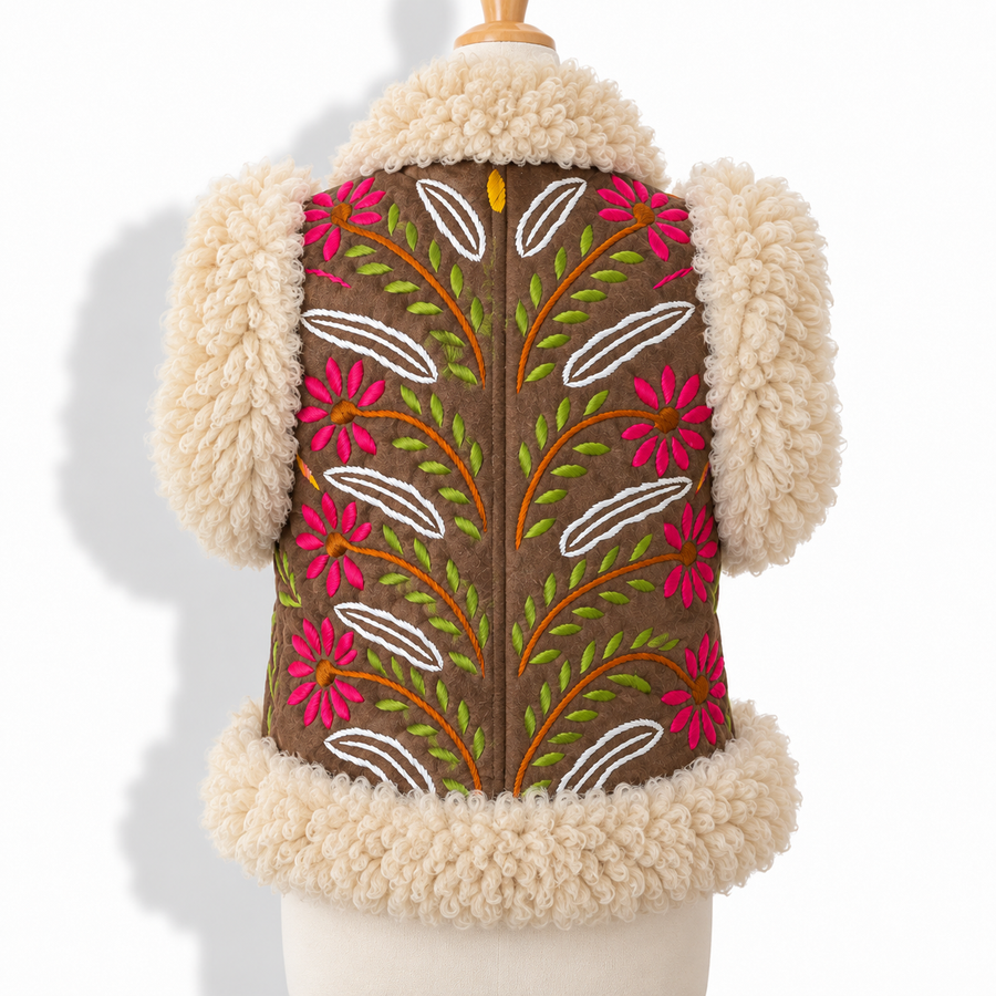 A brown shearling-lined vest with a colorful floral and leaf embroidery design on the front, displayed on a cream-colored mannequin torso against a white background.