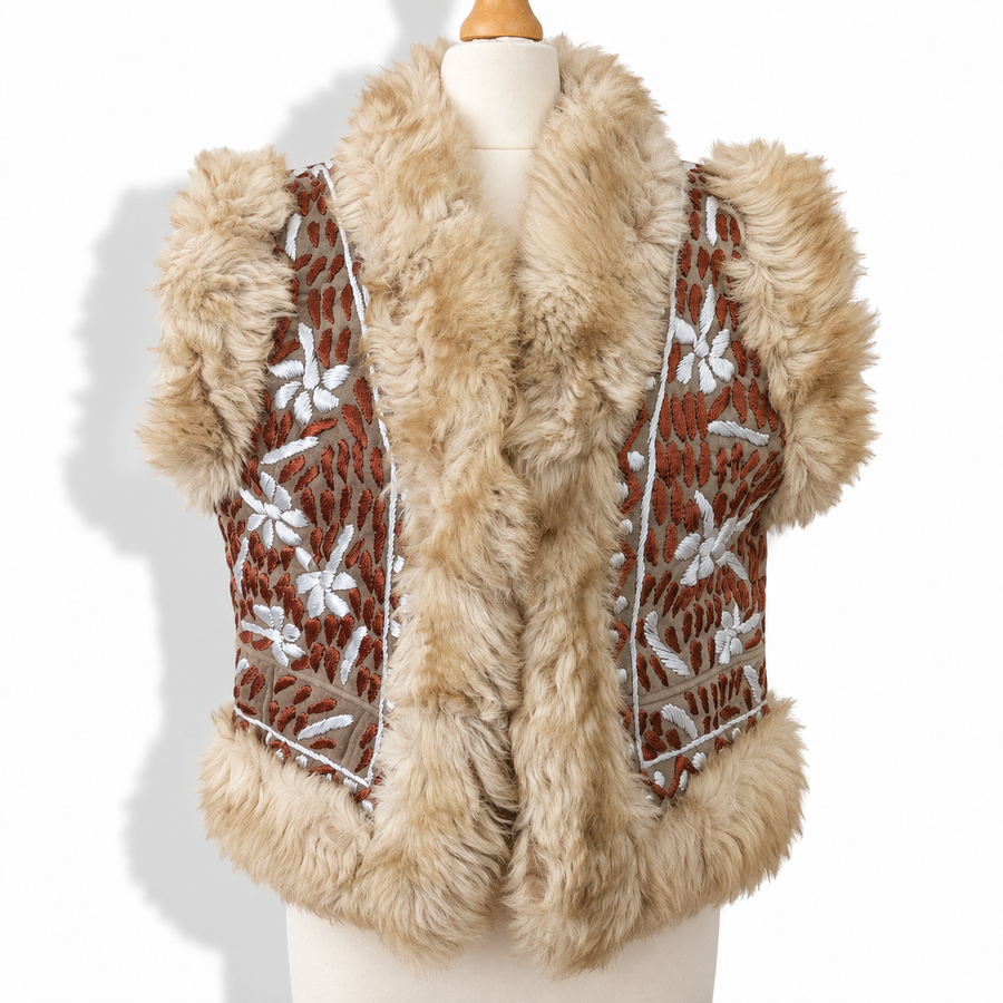 A sleeveless faux fur vest with brown embroidered panels and white floral embroidery, displayed on a cream mannequin torso against a white background.
