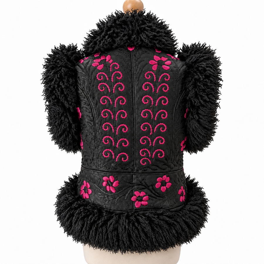 Black faux fur vest with pink embroidered swirls and floral patterns, displayed on a mannequin torso against a white background.