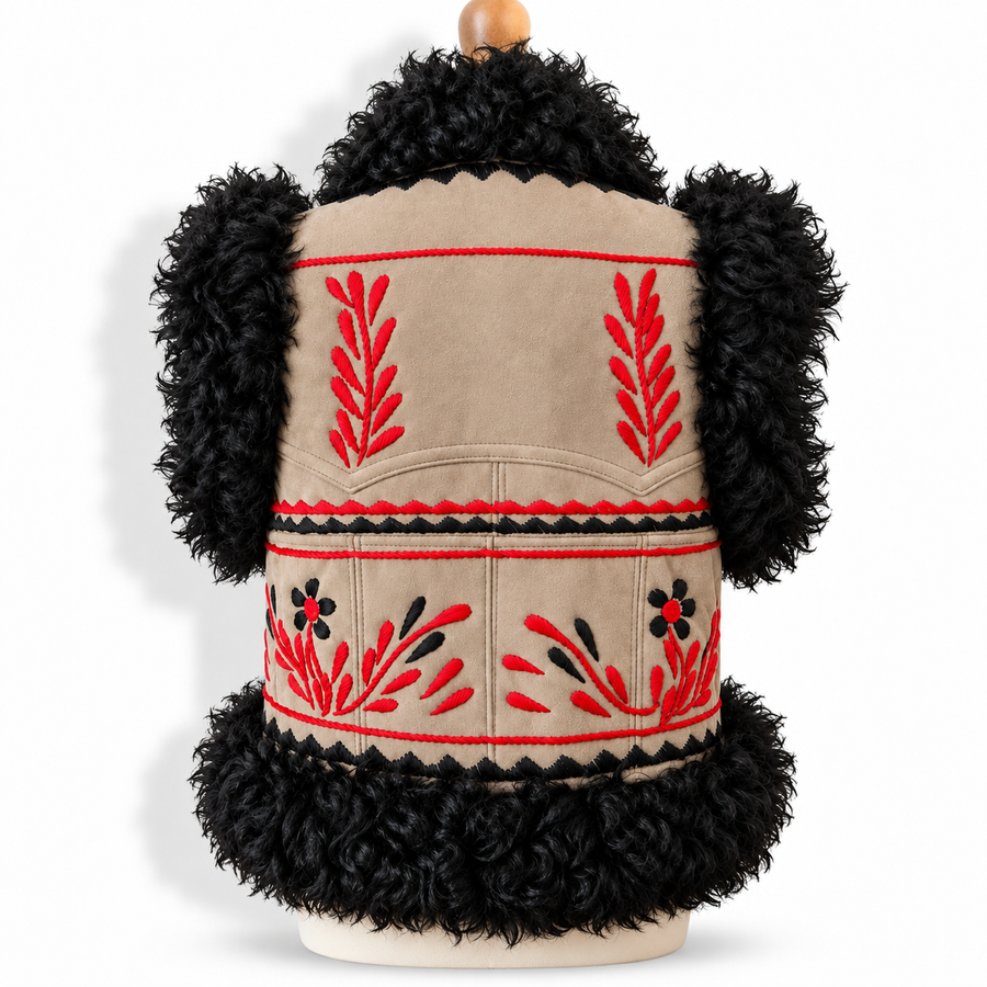 Back view of a beige shearling vest with black curly faux-fur trim, featuring red and black embroidered leaf and floral patterns, displayed on a mannequin torso against a white background.