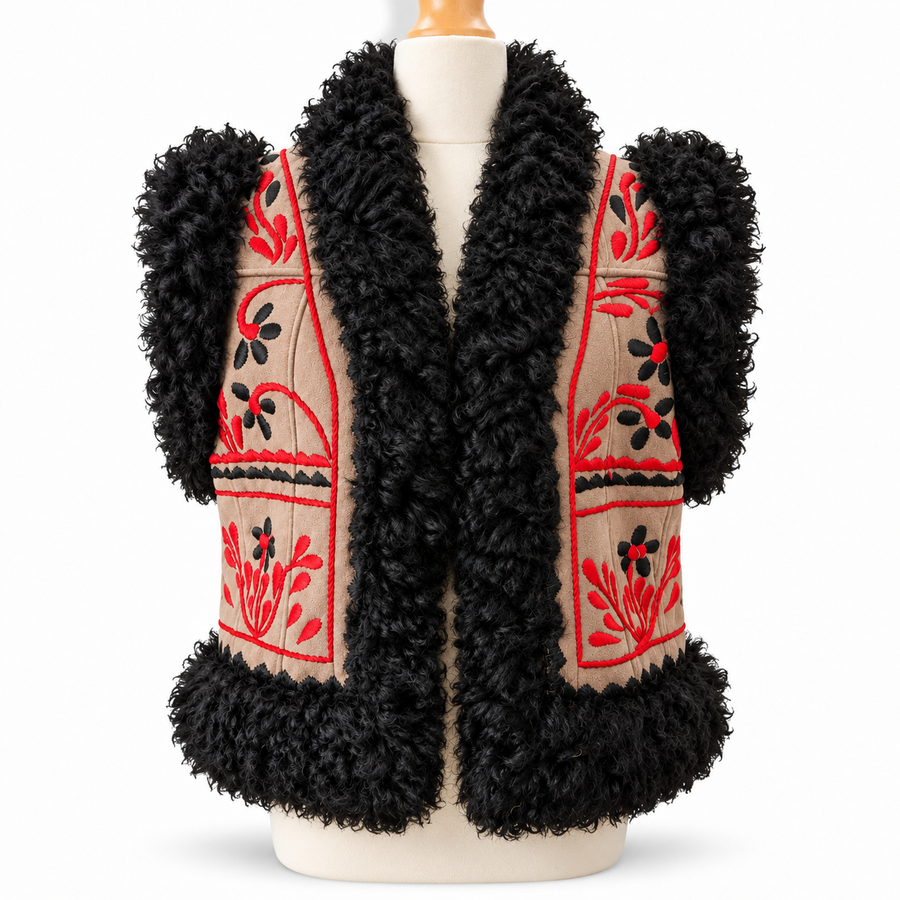 A black curly faux-fur vest displayed on a cream dress form against a white background. The vest features beige embroidered panels with red and black floral patterns.