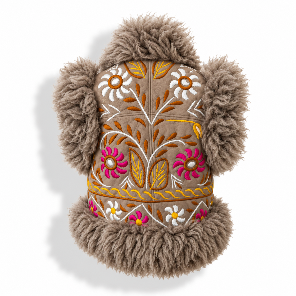 Back view of a taupe suede vest with fluffy faux-fur trim and hood-like collar, featuring pink, white, and orange floral and leaf embroidery.