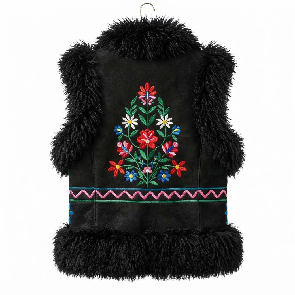 Sitara Heritage Gilet – Midnight Black Sheepskin Trim