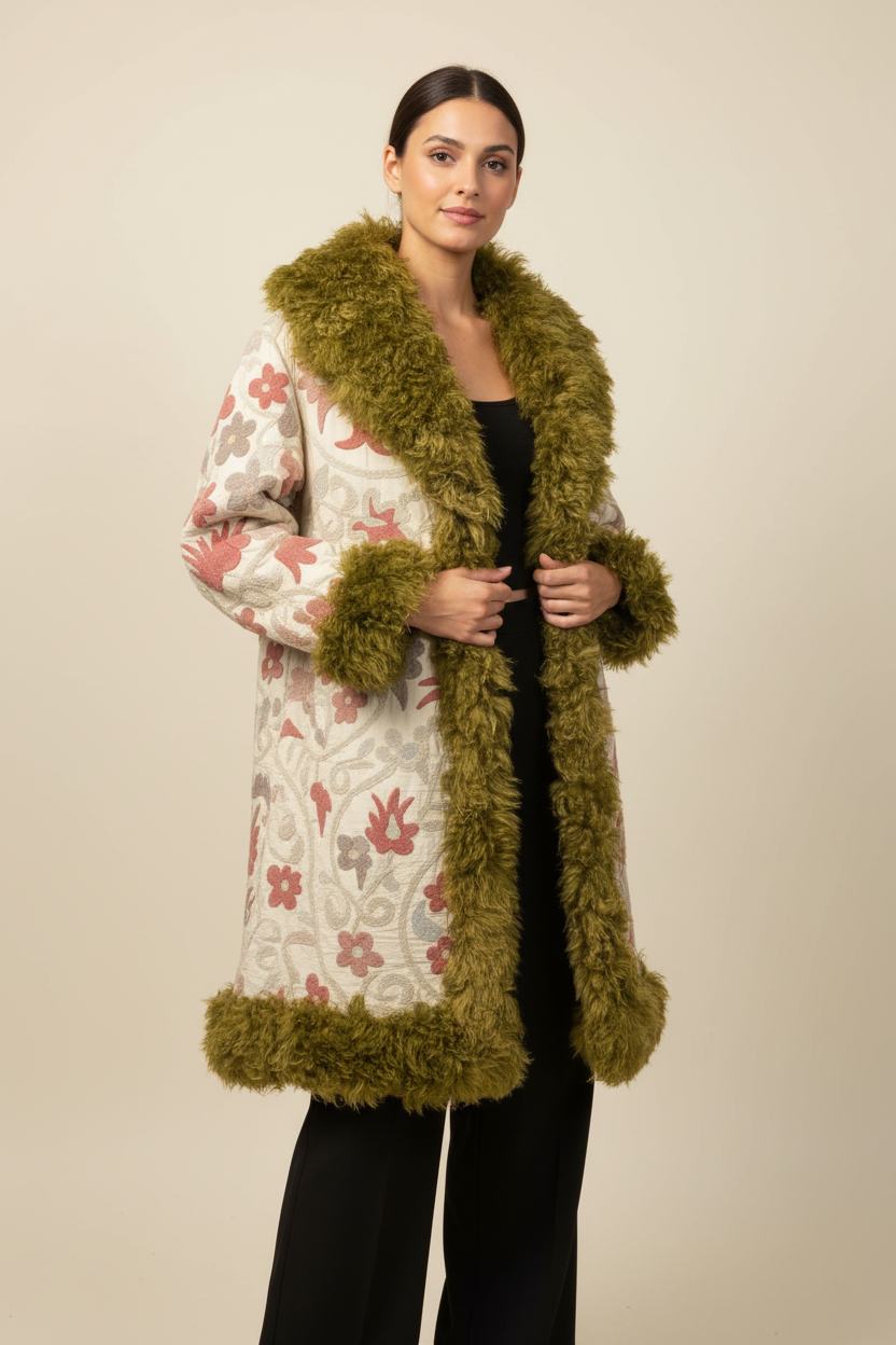 Woman wearing a cream floral-patterned coat with plush olive green fur trim and a black top underneath, standing against a beige background.