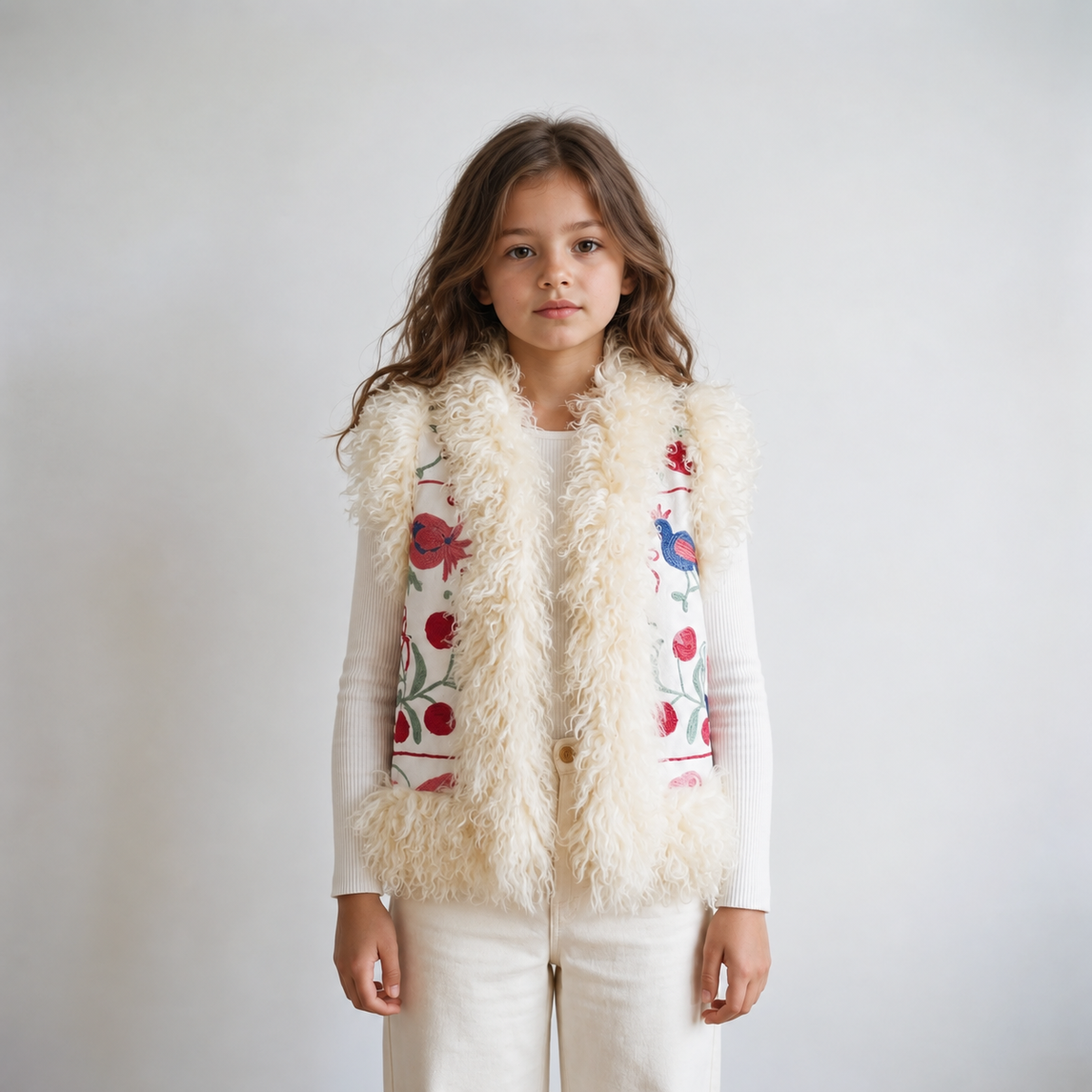 A young girl stands against a light gray studio background wearing a cream-colored shaggy faux fur vest over a white long-sleeve top and cream pants. The vest features embroidered floral and bird patterns on the front panels.