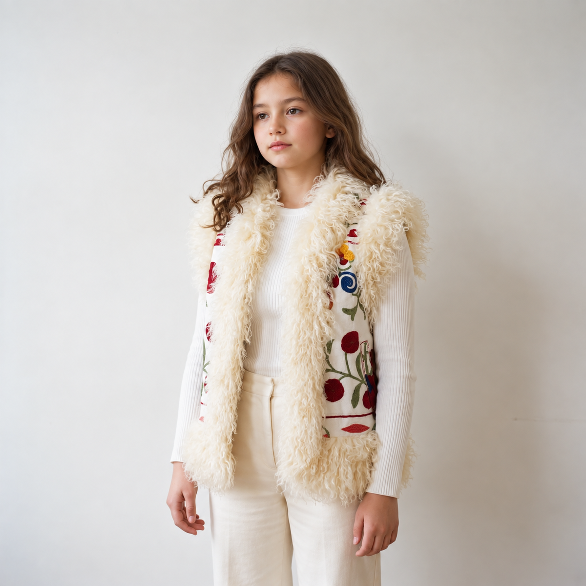 A young girl wearing a cream-colored shaggy vest with colorful floral embroidery over a white ribbed sweater and cream pants, standing against a plain off-white wall.
