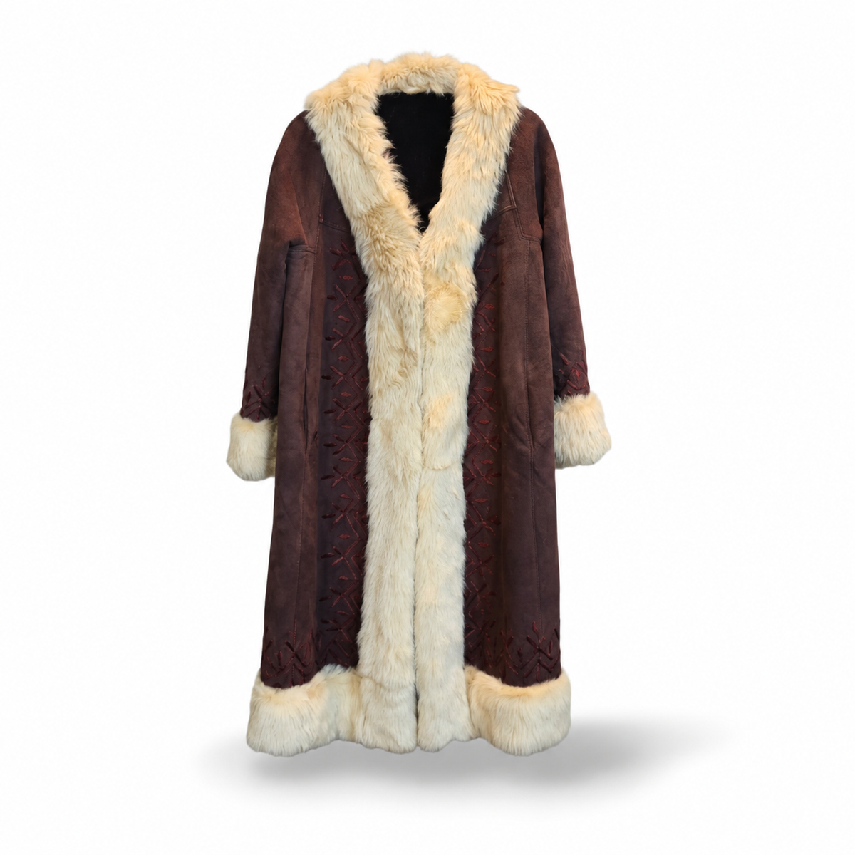 Full-length deep charcoal suede coat with plush cream curly sheepskin fur trim at the collar, cuffs, and hem, displayed on a hanger against a white background.